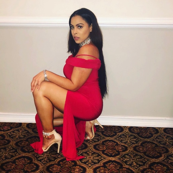 Red Off The Shoulder Gown with Slit - Picture 3 of 5